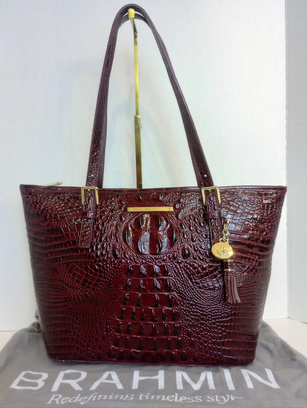 Brahmin Burgundy Wine Red Medium Asher Crocodile Embossed Leather Tote Bag